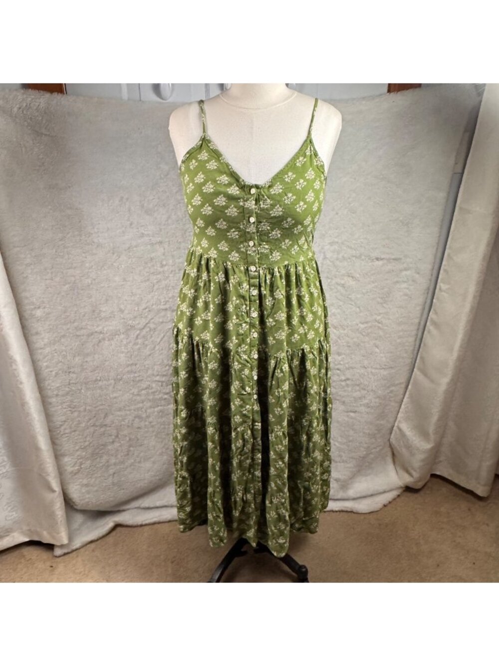 Patrons of Peace large Green Floral Tiered Spaghetti Strap Maxi Dress Boho flowy